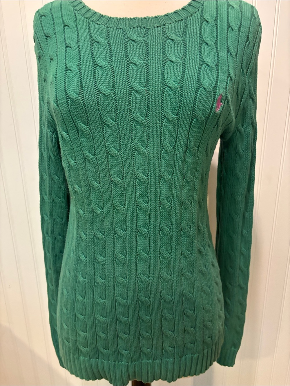 Ralph Lauren Sport Emerald Green Cable-Knit Cotton Crew Neck Sweater Sz M